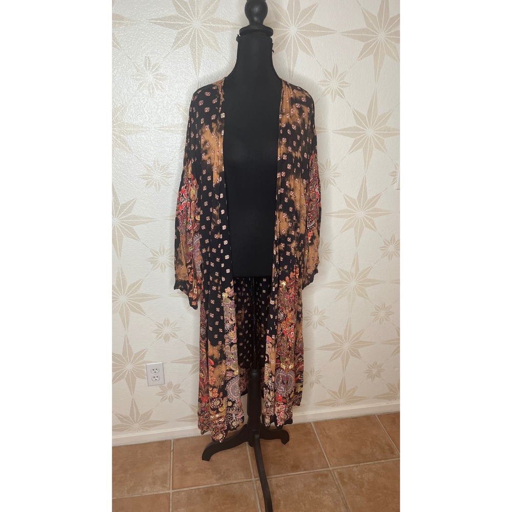 Angie Boho Paisley Print Longline Kimono Black Terracotta Bell Sleeve Medium